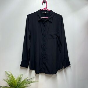 Nine West Women's Button Up Collared Black Light Blouse Top Business Career Sz L